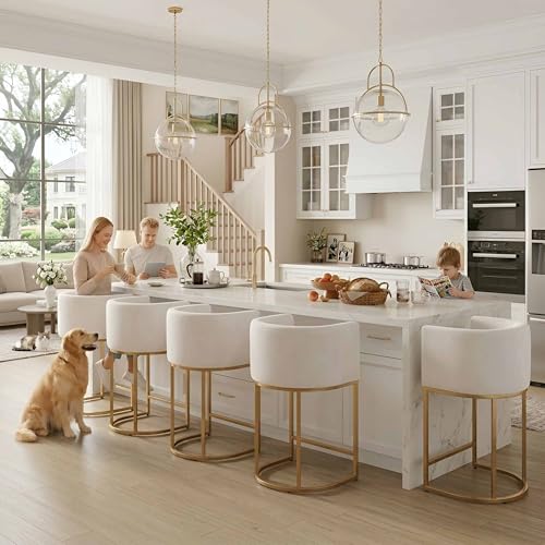 Image of HNY Modern Barrel Counter Height Clearance Bar Stools Set of 4, 24 Inch Velvet Kitchen Barstools with Back for Island, with Gold Metal Tubular Frame, Ivory