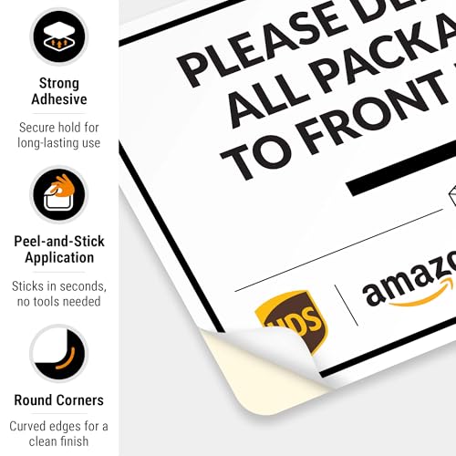 Image of Package Delivery Sign, Delivery Instructions Deliver All Package to Front Door Right Arrow Sign, 10x7 Inches, 4 Mil Vinyl Decal Stickers Weather Resistant, Made in USA