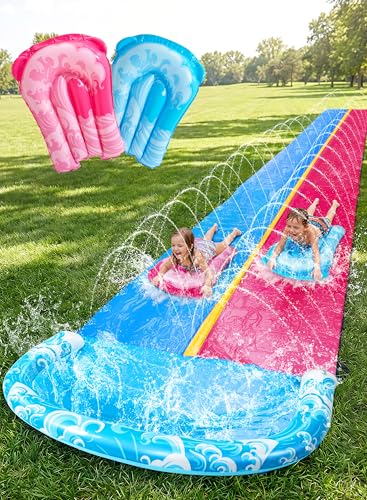 JOYIN Toboggan Aquatique de 32,5 pieds/990.6cm avec 2 Planches gonflables, Toboggan de pelouse Extra Long et résistant avec arroseur, Jouet d'été pour...
