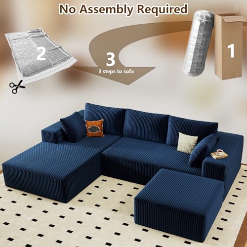 Image of 96 inch U-Shape Cloud Couch, Modern Modular Sectional L-Shape Sofa with Ottoman, Corduroy Upholstered Couches Deep Seat Sleeper Chaise Longue for Living Room, No Assembly Required(Blue, Left Facing)