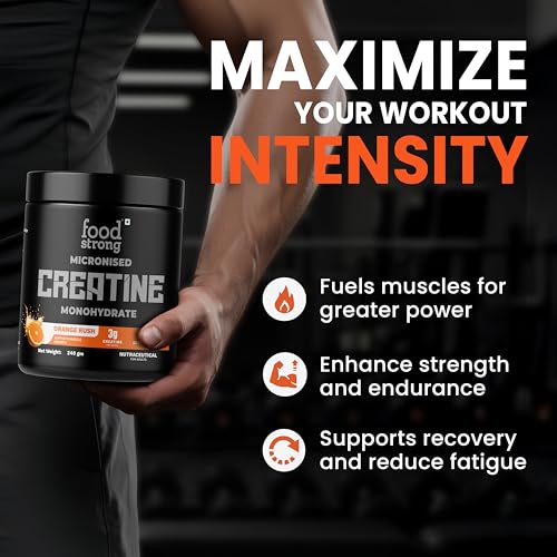 Image of Foodstrong Micronized Creatine Monohydrate Powder (60 Servings) | 3g Creatine Supplement for Muscle Strength, Power, Stamina & Athletic Performance | Pre /Post Workout Gym Supplement for Men & Women | Orange Rush, 240g