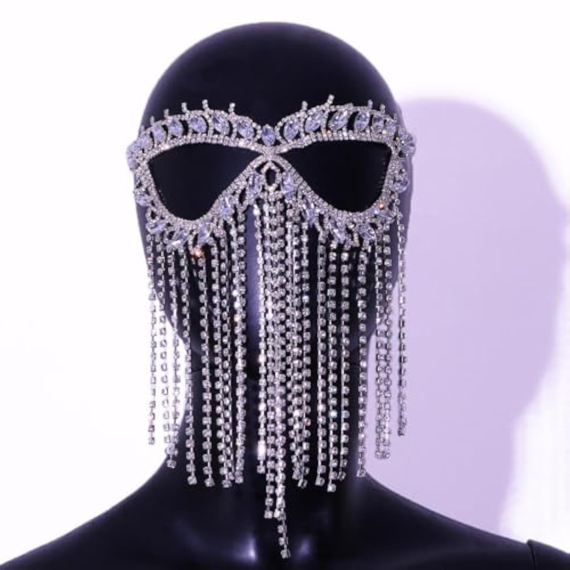 Rhinestone Tassel Mask for Women, Silver