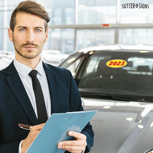 Image of 2023 Car Model Year Windshield Stickers | 14 inch x 5.5 inch Oval Stickers for Car Dealerships, Vehicle Windshields (Pack of 12)