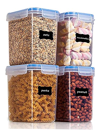 Image of Kitchen Storage Container Set of 4pc Food Safe & BPA Free Plastic Kitchen Containers and Jars 500ml Cereal Dispensers Airtight Fridge Container with Leakproof Lid (1.0L, Rectangular, Transparent)