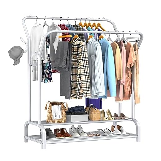 LOEFME Burro Ropa Resistente de Metal, Multifuncional Tridimensional Perchero Burro, con Zapatero de Doble Capa, Base antirrayas, Soporte de Carga Fuerte, Blanco