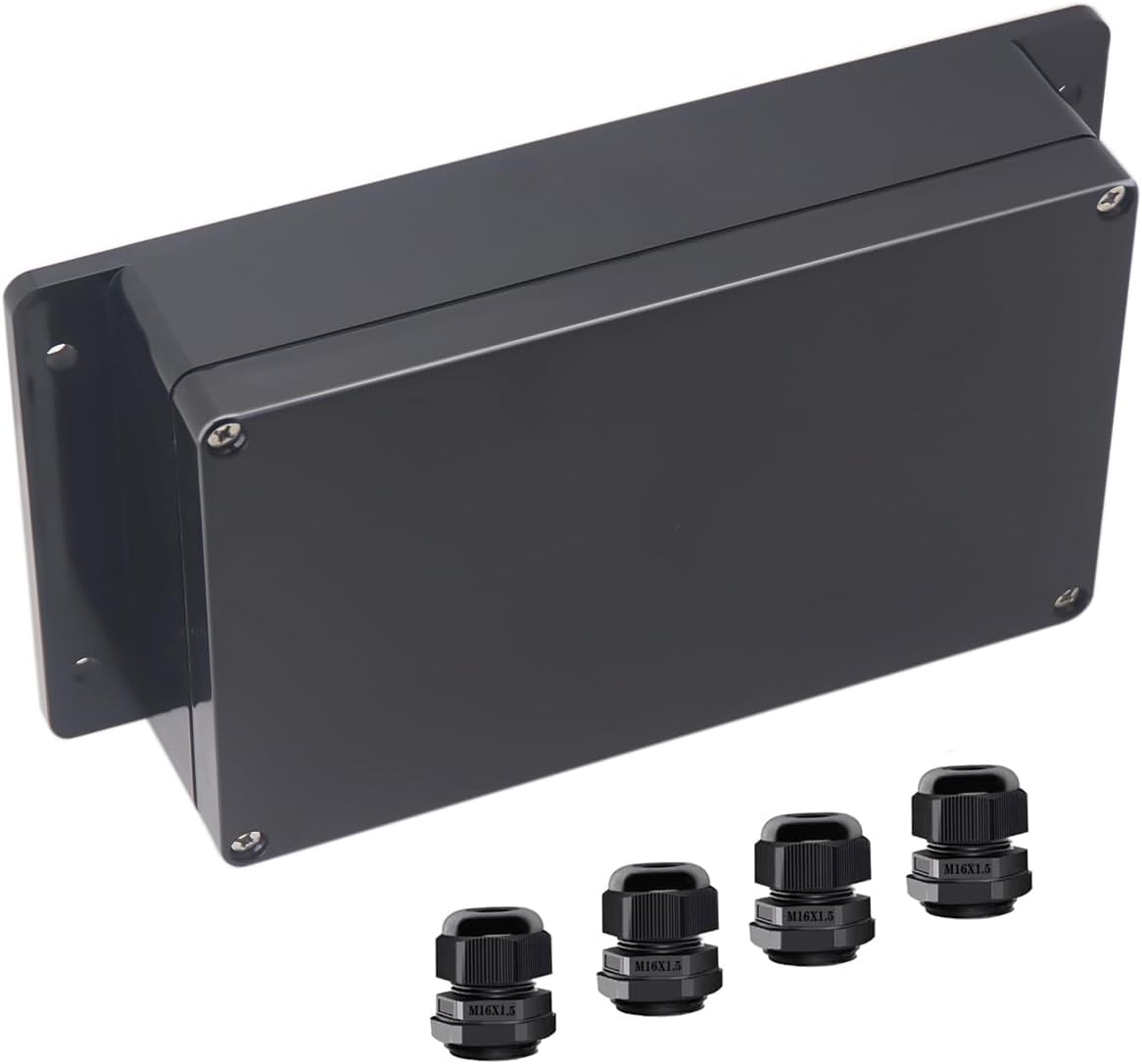 Otdorpatio Black ABS Plastic IP65 Waterproof Electrical Project Case with Fixed Ear, Includes Box, 4 Screws, Sealing Gasket, 4 Cable Glands, 7.87x4.72x2.2 inch (200 x 120 x56 mm)