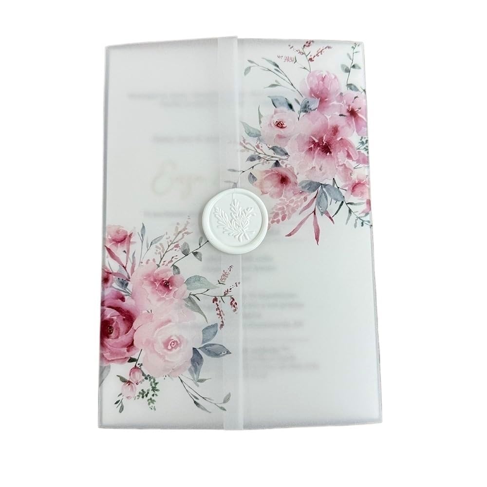 Składane zaproszenia ślubne z papieru welinowego, Różowy kwiat pergaminowy do zaproszeń ślubnych o wymiarach 5 x 7(60pcs)