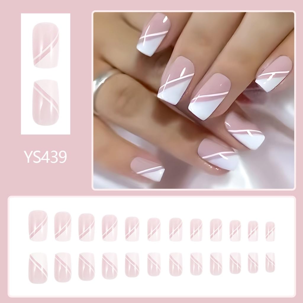 24 Pcs Glossy Simple Full Covers Stick on Nails Pinks White False Nails Manicures Supplies
