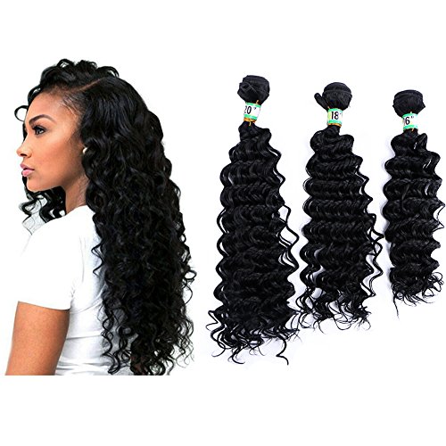 Yonis Deep Wave Hair Extensions Weft Weave Natural Black Color 3 Bundles Synthetic Human Hair Mixed Length (16