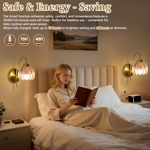 Image of Vintage Battery Wall Sconce with Flower lampshade,Rechargeable Battery Powered Wall Lights,Wall lamp with 15 Colors for Bedroom Living Room Home Decor (Pink Tulip, 2 Light Battery Operated)