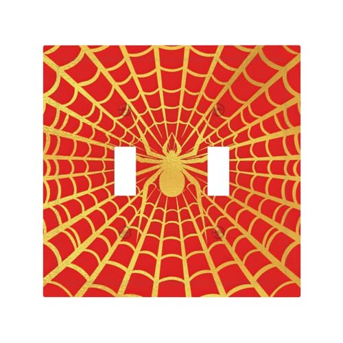 Decorative Switch Plate Covers Red Background with Golden Spiderweb Spider 2 Gang Light Switch Cover Plate Unique Double Toggle Wall Plate Light Switch Covers for Home Decor