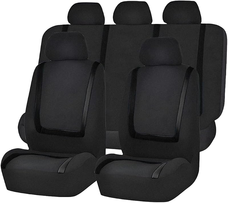 Full Set Car Seat Covers Split Front Rear Protector Black | Polyester outer layer, sponge cushioning, smooth skin texture, tailored contour, universal fit, car interior accessories