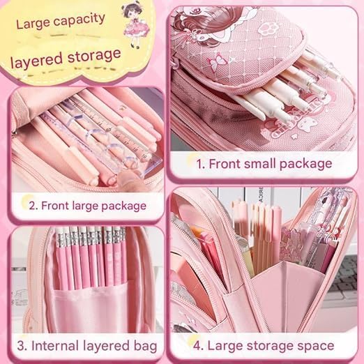 Image of Invite Enterprise Three Layer School Bag-Shaped Pencil Pouch, Large-Capacity Pencil Pouch with Zipper, Multipurpose Pen & Pencil Case for School Supplies for Boys & Girls (Pink Girl - Pouch)