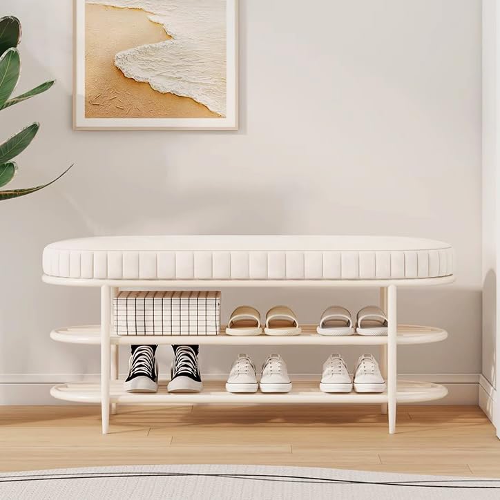 Banc d'entrée avec étagère à chaussures en velours rembourré à 2 niveaux