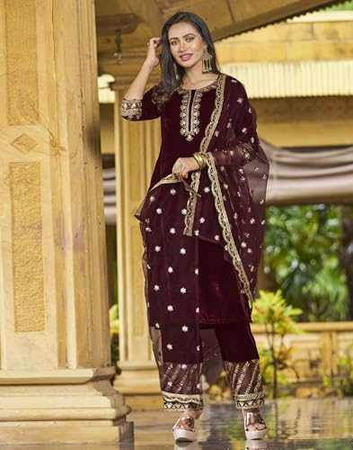 Image of SKYLEE Velvet Embroidery Straight Kurta Set with Dupatta
