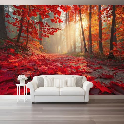 Papier Peint Panoramique Forêt D'Automne Nature Feuilles Mortes, 200 x 140 cm Papier Peint Intissé Mural, Poster Geant Mural 3D - Rouge pour Salon Chambre...