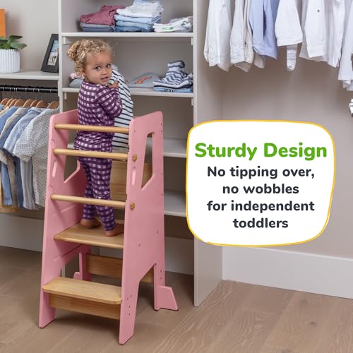 Toddler Standing Tower - Adjustable Height Toddler Kitchen Stool Helper - Ideal Kids Kitchen Step Stool for Learning New Skills - Updated Design with Safety Feet - Pink