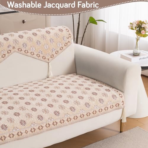 Image of HOKIPO 'Heritage Weave' Premium Jacquard Sofa Cover 6 Seater Set with Tassels - Washable 3+2+1 Sofa Panel for Seat & Back | Sandy Beige (IN-831-830-829 + IN-859-858-857-BGE)