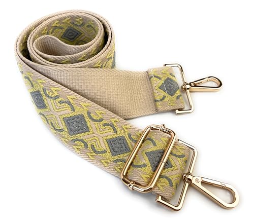 Image of Beige Yellow Gray Boho Diamond Purse Strap with Light Gold Hardware 2 Inch Wide Replacement Crossbody Guitar Style Shoulder Strap for Handbags Totes