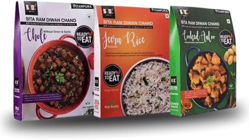 Sita Ram Diwan Chand Ready to Eat Chole Without Onion & Garlic | Jeera Rice | Cooked Aaloo 300 Gram Each| No Preservatives | No Artificial Flavors | 100% Natural Ingredients | Tasty Snacks - Pack of 3