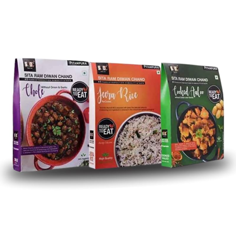 Sita Ram Diwan Chand Ready to Eat Chole Without Onion & Garlic | Jeera Rice | Cooked Aaloo 300 Gram Each| No Preservatives | No Artificial Flavors | 100% Natural Ingredients | Tasty Snacks - Pack of 3