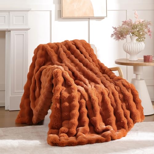 Smoofy Faux Fur Fall Throw Blanket for Couch – Burnt Orange Fluffy Cozy Rabbit Fleece, Plush Soft Bubble Blanket for Sofa & Bed, for Mom, Warm Fuzzy Home Room Decor Throw 50' x 60'
