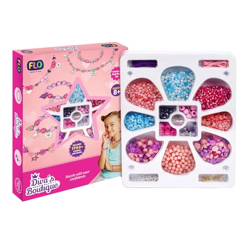 Image of FLO Divas Boutique Girls Jewelry Making Kit | 1750+ Colorful Beads, Metallic Charms, Bracelet & Necklace DIY Craft Kit | Jewelry Making Kit for Kids Girls Teens | Beads, Thread, Earring Hooks