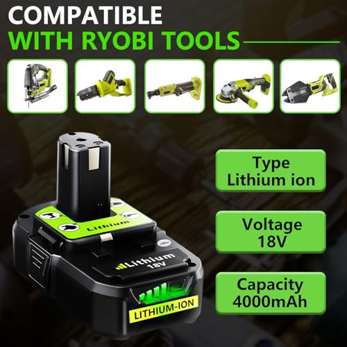 Image of Replacement for Ryobi 18V Battery: 18V 4.0Ah Lithium-ion Compatible with Ryobi P102 P103 P105 P107 P108 P109 P122 Cordless Power Tools 2 Pack