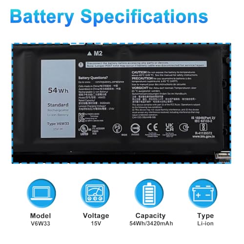 Image of 54Wh V6W33 Battery Replacement for Dell Inspiron 3511 3515 3520 3521 3525 3530 3535 5310 5330 5410 5418 5415 5420 Latitude 3320 3420 3430 3520 3530 Vostro 3420 3435 3510 5620 5625 Series