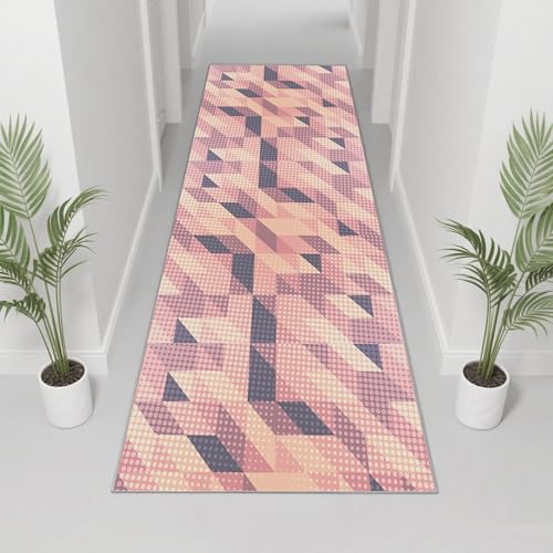 廊下敷き 廊下 ロングカーペット デスクチェアパッド フロアマット 防ダニ 転倒防止 おしゃれ 多色×サイズ選べる 60×450cm ピンク & パープル & ピーチ色 幾何学モザイク波点柄 モダン抽象
