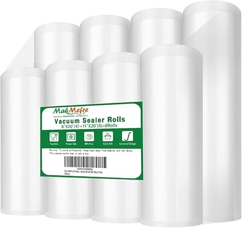 MakMeFre Paquete de 8 rollos de bolsas selladoras al vacío de 8 x 20 pies (4 rollos) y 11 x 20 pies (4 rollos) para alimentos, grado comercial, sin