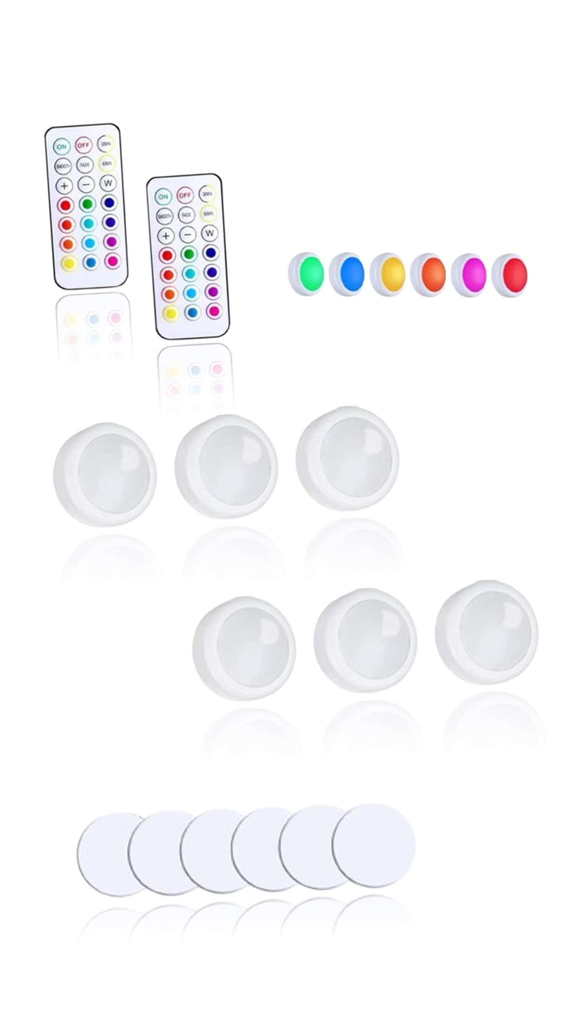 Sweet seven 6 Pack LED Puck Lights with 2 Remote Controls - Battery Powered Wireless Under Cabinet Lighting for Closet, Under Counter, and More 13 Colors Changing Push Lights