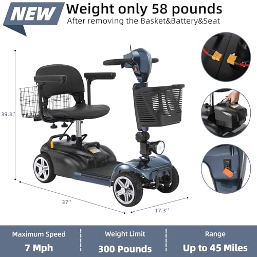 MS20 with Mirror 20 Miles 4-Wheel Mobility Scooter for Seniors/Adults, Detachable Lithium Battery Electric Wheelchair,Dual Baskets,Rotating Seat,with Taillight,USB Charging,Foldable Mobility Scooters