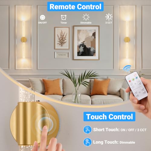 Image of 20.9 Inches Peel and Stick Gold Battery Operated Wall Sconces Set of 2