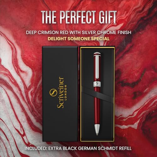 Image of Scriveiner Deep Crimson Ballpoint Pen - Stunning Red Lacquer Luxury Pen, Chrome Finish, Schmidt Black Refill, Best Ball Pen Gift Set for Men & Women, Professional Executive Office, Nice Designer Pen