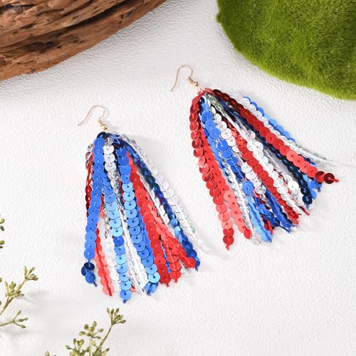 RareLove Fourth of July Accessories Lightweight Patriotic Earrings Red White and Blue Sequins Fun Dangle Tassel Earrings for Women Alloy Plated4