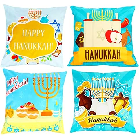 4 Pieces Hanukkah Pillow Covers Blue Square Menorah Throw Pillow Cases for Couch Sofa Home Decor 18 X 18 Inches Throw Cushion Cover for Hanukkah Decoration Cover