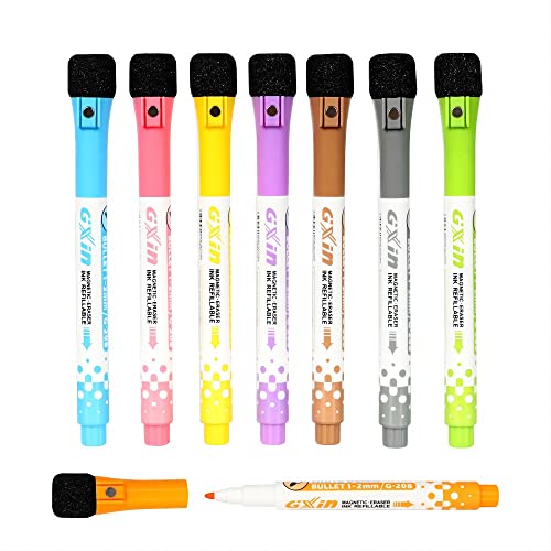 YEVEETTE Magnetic Dry Erase Markers, White Board Markers with Eraser, Low Odor Whiteboard Markers Fine Tip for Teachers Office & School Supplies.8 Pack