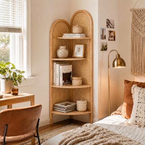 Aletheiawu 4 Tier Farmhouse Corner Shelf 70 Tall Pine Wood and Rattan Corner Bookshelf for Small Spaces Freestanding Display Shelf for Living Room Bedroom Bathroom Kitchen Natural