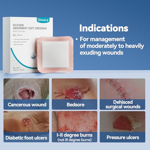 Image of Dimora 20 Count Silicone Super Absorbent Wound Dressing 6 inch x 6 inch - Large Adhesive Bandage for Heavy Exudate, Border Wound Care Pads for Pressure Sore and Post-Surgical Incisions