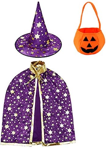Jackcell Wizard Cape Witch Cloak with Hat and Pumpkin Bag, Halloween Costume Props for Kids Cosplay Party