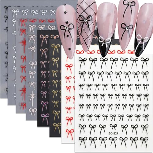 8 Sheets Bow Nail Stickers for Nail Art Black White Red Bow Nail Decals Gold Aurora Bow Nail Art Stickers 3D Self-Adhesive Stickers for Nail Designs Manicure Decorations for Women Girls