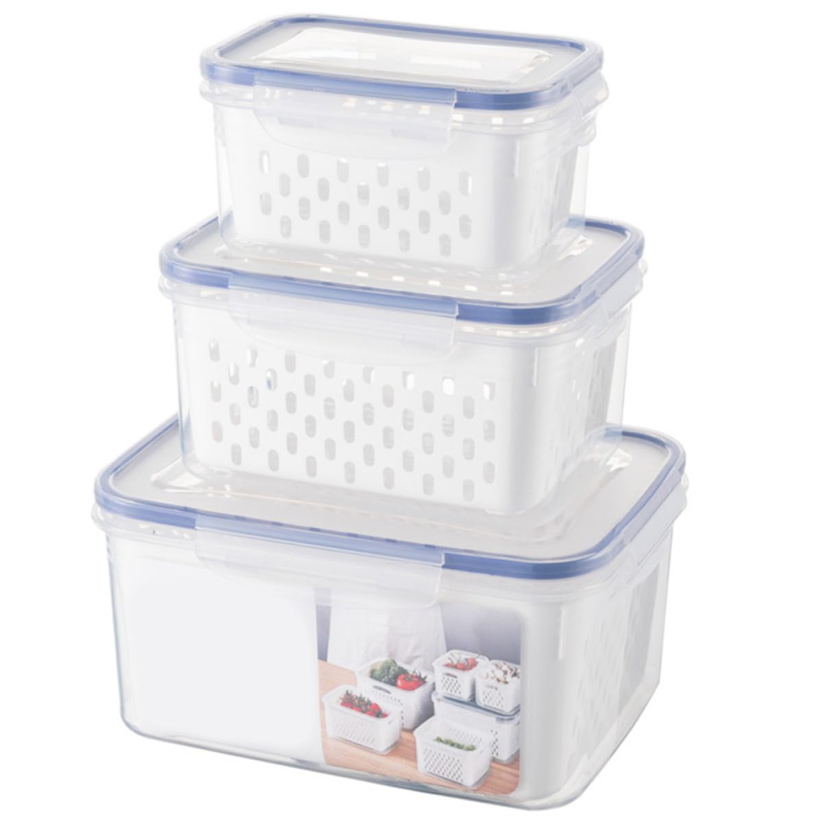 FOMIYES Contenitori per Alimenti con Coperchio e Scolapasta Rimovibile, Set 3 Pezzi 850ml 1750ml 3300ml in Pp Bianco per Frutta e Verdura, per Frigorifero