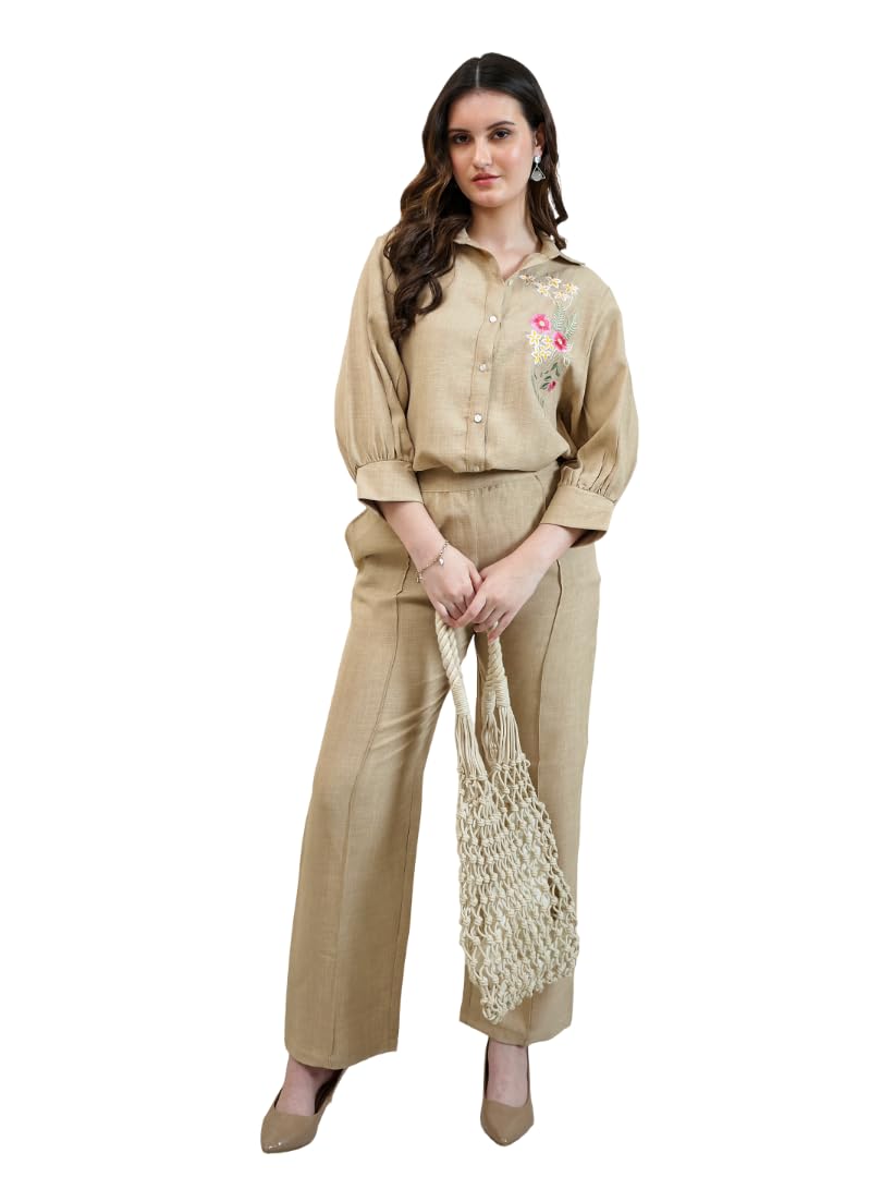 Athena Maroon Linen Embroidered Co-Ord Set-image-30
