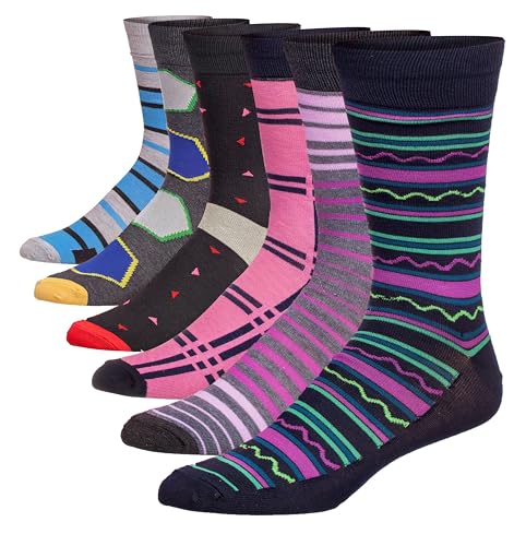 JAMES FIALLO Men's 6-Pack Fashion Novelty Crew Prismatic Spectrum Patterns Casual Funky Socks, M5800-A-T1