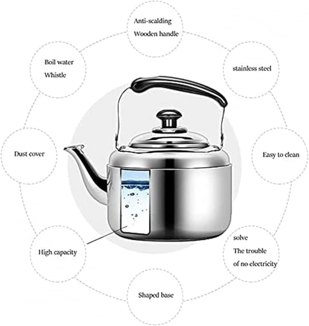Hervidor de té, hervidor silbante de acero inoxidable 304 con mango aislado para cocinas de gas e inducción, jarra de agua galvanizada, duradera y funcional