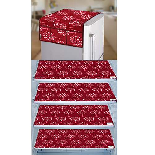 Image of Polyester 3-Layered Fridge Top Cover /Refrigerator Cover with Utility Pockets and Set of 4 Pc Fridge Mats (Color-Maroon, Size-39x21 Inches)