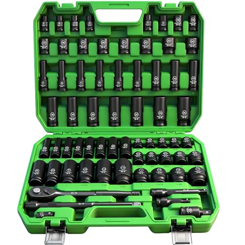 SWANLAKE 1/2 Drive Impact Socket Set 66-Piece Standard SAE (3/8-1-1/4) and Metric (8-24mm) Size 6 Point Cr-V 1/2-Inch Drive Ratchet Handle Extension Bar Impact Universal Joint
