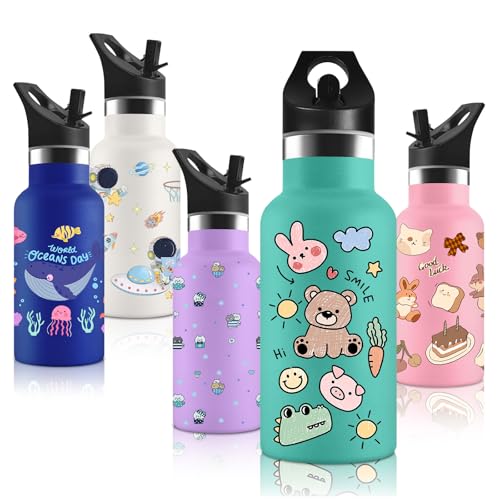 Vikaster Botella Agua Niños, con Tapade Popote y asa, Botella agua Acero Inoxidable, Sin BPA, 350ml, Botella Termica Reutilizable, para Adultos, Niños, Escuela, Ciclismo, Gym, Deportiva