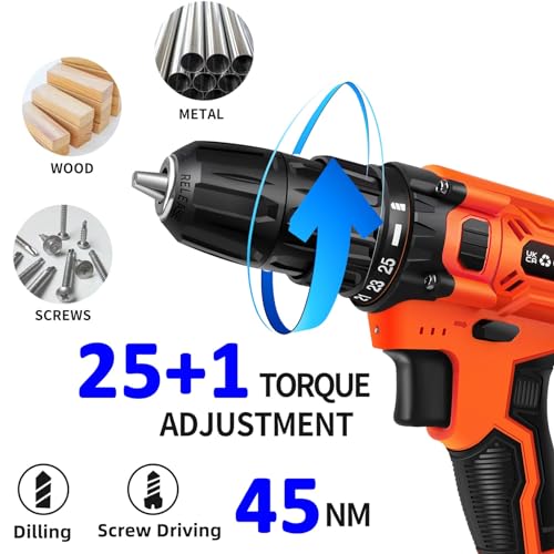 Cordless Combi Drill, 21V Power Drill Set, Electric Screwdriver Drill with 25+1 Torque Setting, 45Nm Power Tools Electric Drill Driver, 2 Speed, LED Light, 29pcs Accessories Battery Drill Kit for DIY - Image 5